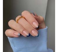 KQueenest Lot de 24 faux ongles à coller, en gel souple, avec colle, gris et bleu, ongles artificiels courts, ronds, avec colle, pour femme, pour un usage quotidien