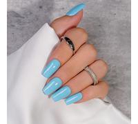 KQueenest Lot de 24 faux ongles à coller en gel souple - Bleu clair - Longs - Moyens - Couleur unie - Carrés - Avec colle - Bleu pastel - Pour femme