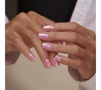 KQueenest Lot de 24 faux ongles à presser chromés courts et moyens carrés - Rose - Paillettes scintillantes - Avec colle, finition émaillée - Réutilisables - En acrylique - Pour mariage