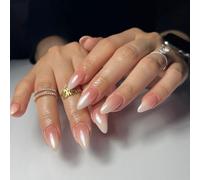 KQueenest Lot de 24 faux ongles à presser en acrylique à coller avec effet miroir scintillant chromé - Amande - Paillettes moyennes - Pour femme