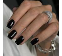 KQueenest Lot de 24 faux ongles à presser en acrylique courts et moyens carrés, cercueil court, noir, de couleur unie naturelle brillants, réutilisables à coller sur les ongles pour femme, pour porter