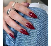 KQueenest Lot de 24 faux ongles press on nails en acrylique à coller, couleur naturelle unie, en gel brillant, couvrance complète, pour femme - Rouge bordeaux