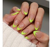 KQueenest Lot de 30 faux ongles à coller, en gel souple, en forme d'amande, manucure française, avec colle, vert fluo, faux ongles courts pour femmes, pour un usage quotidien