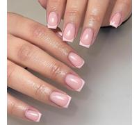 KQueenest Lot de 30 faux ongles à coller, en gel souple, rose, courts, carrés, naturels, faux ongles en acrylique brillant, couverture complète, pour femme