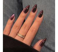 KQueenest Lot de 30 faux ongles à presser œil de chat - Amande - Paillettes noires et roses - Faux ongles en acrylique brillant - Style gothique et scintillant - Pour femmes - Pour les vacances
