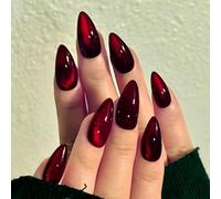 KQueenest Lot de 30 faux ongles à presser - Œil de chat noir vin rouge - Amande - Paillettes moyennes - Bordeaux brillant - Faux ongles gothiques et scintillants à coller sur les ongles pour femme