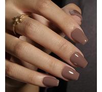 KQueenest Lot de 30 faux ongles courts à presser marron foncé, cercueil court, avec colle, couleur café uni, ballerine, opaques et réutilisables en gel souple à coller pour femme