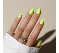 KQueenest Lot de 30 faux ongles courts en gel souple à coller - Vert fluo transparent - Amande - Couleur unie - Vert citron - Avec colle - Brillant - Naturel - Pour femme