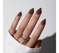 KQueenest Lot de 30 faux ongles courts en gel souple - Marron foncé clair - Amande - Couleur café uni - Avec colle - Brillant et naturel - Pour femme