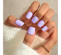 KQueenest Press on Nails Lot de 24 faux ongles courts avec colle - Violet clair - Courts, unis - Carrés - Pour femmes et filles