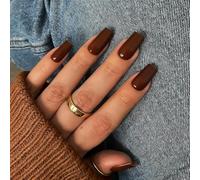 KQueenest Press On Nails - Lot de 24 faux ongles longs carrés en forme d'amande, cercueil - Marron - En gel gelé brillant - Ballerine - Couleur unie - Pour femme