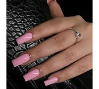 KQueenest Press On Nails Lot de 24 faux ongles longs, carrés, en forme d'amande, cercueil, rose bébé, en gel gelé, brillants, à coller, ballerine, couleur unie, pour femme