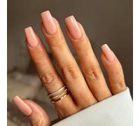 KQueenest Press On Nails - Lot de 24 faux ongles longs carrés en forme d'amande, cercueil - Rose nude - En gel gelé brillant - Ballerine - Couleur unie - Pour femme