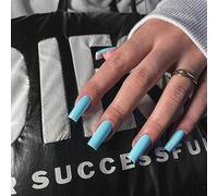 KQueenest Press On Nails Lot de 24 faux ongles longs, carrés, en forme d'amande, en forme de cercueil, bleu bébé, en gel gelé, brillants, ballerine, couleur unie, pour femme