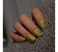KQueenest Press on Nails Lot de 28 faux ongles courts et moyens à coller - Vert olive clair - Couleur unie - Carrée - Avec colle - Pour femme