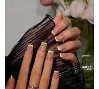 KQueenest Press on Nails - Lot de 30 faux ongles courts à coller - Jaune - Forme carrée - French Tip - Avec colle - Pour femme