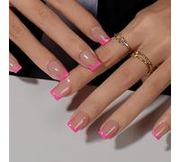 KQueenest Press on Nails - Lot de 30 faux ongles courts à coller - Rose chaud - Forme carrée - French Tip avec colle - Pour femme