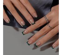 KQueenest Press on Nails - Lot de 30 faux ongles courts à coller - Vert foncé - Forme carrée - French Tip avec colle - Pour femme