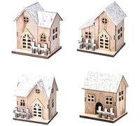 Kraeoke Lot de 4 maisons de Noël décoratives en bois lumineuses, maison de Noël LED, éclairage de Noël DIY chalet en bois, décoration de Noël, petite maison en bois, couleur bois
