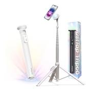 KraftGeek 168cm Trépied Smartphone Compatible avec MagSafe, Perche à Selfie Magnétique à Ouverture Automatique pour iPhone, Trépied Téléphone Portable avec Télécommande pour Samsung/Android, Blanc