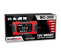 Kraftmax BC-360 Chargeur de batterie de voiture 6 A entièrement automatique 12 V avec compensation de température - Convient pour voitures, camions, motos, tondeuses à gazon, bateau et batteries