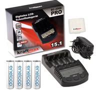 Kraftmax BC-4000 Pro Ladegerät und 4x Pansonic Eneloop AA / Mignon Akkus - Neueste Generation - Hochleistungs Akku Batterien in Kraftmax Akkubox V5