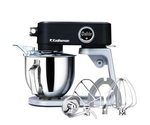 Kraftsman Robot Pâtissier, 5 L Robot de Cuisine Tout en Métal avec Port d’Alimentation Universel et Fonction Minuterie, Pétrin Professionnel à 8 Vitesses avec Batteur, Crochet, Fouet (Noir)