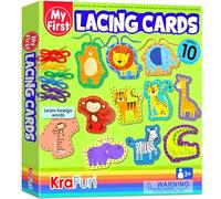 KRAFUN Kit de Cartes de Laçage Safari pour Enfants dès 3 Ans, 10 Projets Débutants (Lion, Éléphant, Tigre), Instructions, Jouet Éducatif pour Motricité Fine