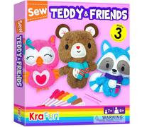 KRAFUN Kit de Couture Enfants dès 7 Ans, 3 Poupées en Peluche (Ours, Raton Laveur, Hibou), Feutre, Instructions, Étiquettes Tissu, Jouet Éducatif