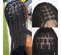 KRALER Perruques tressées de 91,4 cm pour femmes noires, sans nœuds, double dentelle à base carrée, perruque pré-épilée avec cheveux de bébé