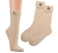 krautwear Lot de 2 paires de chaussettes folkloriques pour homme, femme et enfant - Style maison de campagne - Avec broche Edelweiss et lin beige (2 x 35-38), beige, 35-38