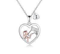Kraven Collier Fille et Cheval pour Femme Fille Lettres Initiales Coeur Pendentif Collier Cadeaux de Amoureux des Chevaux et Fille Chaîne Bijoux (I)