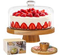 Krbnk Présentoir à gâteau en bois d'acacia avec couvercle, présentoir à gâteau en verre de 30,5 cm avec support à gâteau en forme de dôme, ensemble de présentation 2 en 1 pour table à dessert et