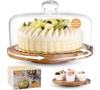 Krbnk Présentoir à gâteau en verre avec couvercle bombé - Plateau à gâteau rotatif en bois d'acacia de 30 cm avec couvercle, comprend 2 plateaux à gâteau supplémentaires - Support à gâteau de mariage