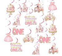 kreat4joy Décoration de 1er anniversaire de princesse pour fille, 24 pièces « Our Little Princess is Turning One » - Décoration à suspendre - Château - Couronne de plafond - Impression double face
