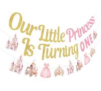 kreat4joy Décoration de 1er anniversaire de princesse pour fille, Our Little Princess is turning One Décoration Bannière Jupe Château Couronne Carrosse Guirlande Décorations de premier anniversaire