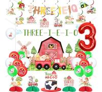 kreat4joy Décoration de 3e anniversaire animal de la ferme, bannière de fond à suspendre en nid d'abeille, ballon en latex rouge pour animal de grange, décoration de troisième anniversaire