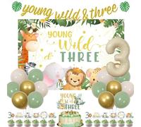 kreat4joy Décoration de 3e anniversaire avec inscription « Young Wild And Three » - Toile de fond pour gâteau de 3e anniversaire de garçon - Bannière d'animaux de la jungle - Ballon en aluminium pour