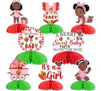kreat4joy Décoration de fête prénatale en forme de fraise, 8 pièces A Berry Sweet Baby is on The Way Décoration de table en nid d'abeille Impression double face pour fille noire Berry Sweet Sexe