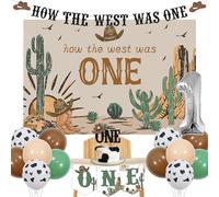 kreat4joy Décorations de fête « How The West Was One Year Old », décorations de premier anniversaire occidentales, impression vache et ballons verts et marron, bannière de chaise haute, décoration de