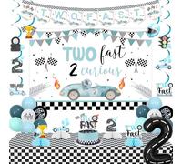 kreat4joy Deux décorations d'anniversaire rapides bleues à suspendre pour gâteau en nid d'abeille, nappe, ballon en aluminium pour voiture de course, 2e anniversaire garçon