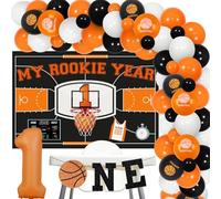 kreat4joy Rookie Décoration de 1er anniversaire Ballon de basket-ball, orange et noir - Bannière de ballons en aluminium numéro 1 pour garçon