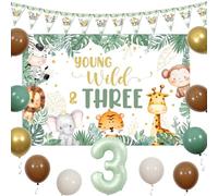 kreat4joy Toile de fond en forme de chiffre 3 pour 3e anniversaire Motif animaux de la jungle Vert sauge, blanc et doré