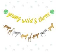 kreat4joy Young Wild And Three Decorations, Jungle Safari Décorations pour 3e anniversaire Bannière Bannière Animaux de la jungle Décoration à suspendre pour 3e anniversaire Fournitures de fête