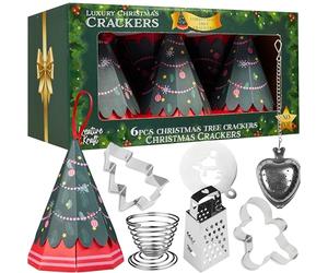 KreativeKraft Crackers de Noël Sapin Lot 6, sans Détonation, Infuseur à Thé, Emporte Pièces, Mini Râpe, Coquetier, Bonbonnières, Chapeaux et Blagues