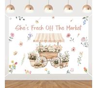 Kreatwow Farmer Market Décoration de fête prénuptiale avec inscription « She is Fresh Off The Market » - 2,1 x 1,5 m - Fleurs sauvages - Décorations florales cultivées localement pour enterrement de