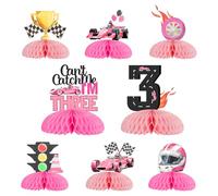 Kreatwow Lot de 8 décorations de fête d'anniversaire en forme de voiture de course pour 3e anniversaire Motif voiture de course en nid d'abeille Can't Catch Me I'm Three Décoration de table Let's Go