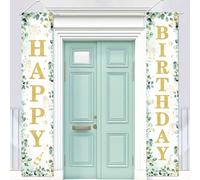 Kreatwow Sauge verte joyeux anniversaire porte bannière fête d'anniversaire décorations neutres anniversaire décorations pour femme homme verdure anniversaire porche signe bannière verdure