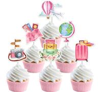 Kreatwow Travel Party Cupcake Toppers 24pcs Pink Let the Adventure Begin Cupcake Picks Travel Theme Birthday Party Supply Travel Around The World Cupcake Decorations for Bon Voyage Adventure Birthday