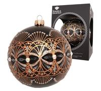 Krebs Glas Lauscha Décoration de Noël - Boule de sapin de Noël en noir brillant avec décor élégant Art Nouveau - Peinte à la main avec ornement doré et pailleté - Dimensions : Ø 10 cm